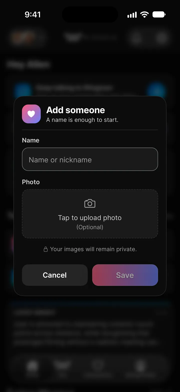 The Add someone form: a name or nickname and an optional photo
