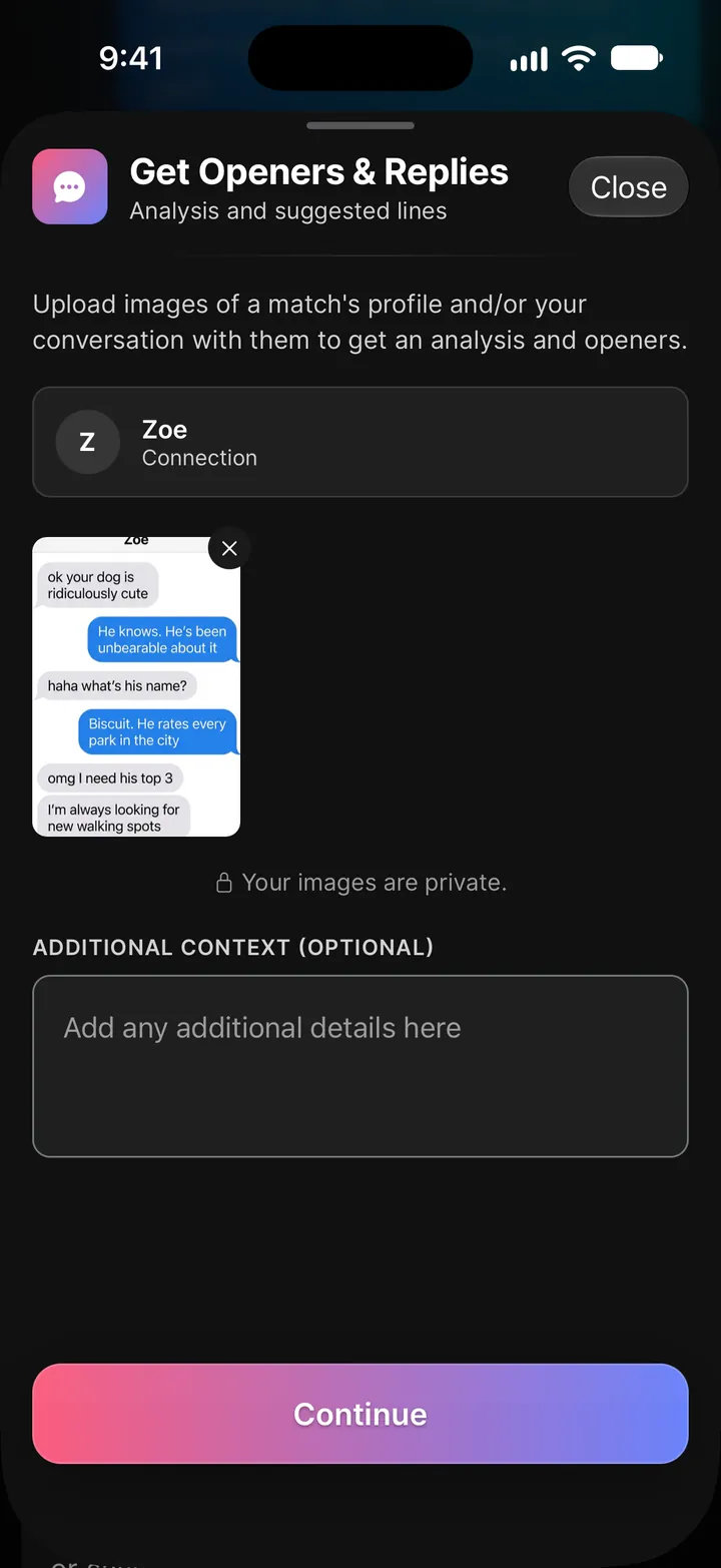 Get Openers & Replies for Zoe with a conversation screenshot attached, ready to analyze