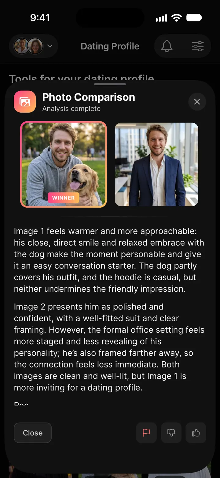 Compare Photos result: the photo with the dog marked as the winner over the office portrait, with the reasoning