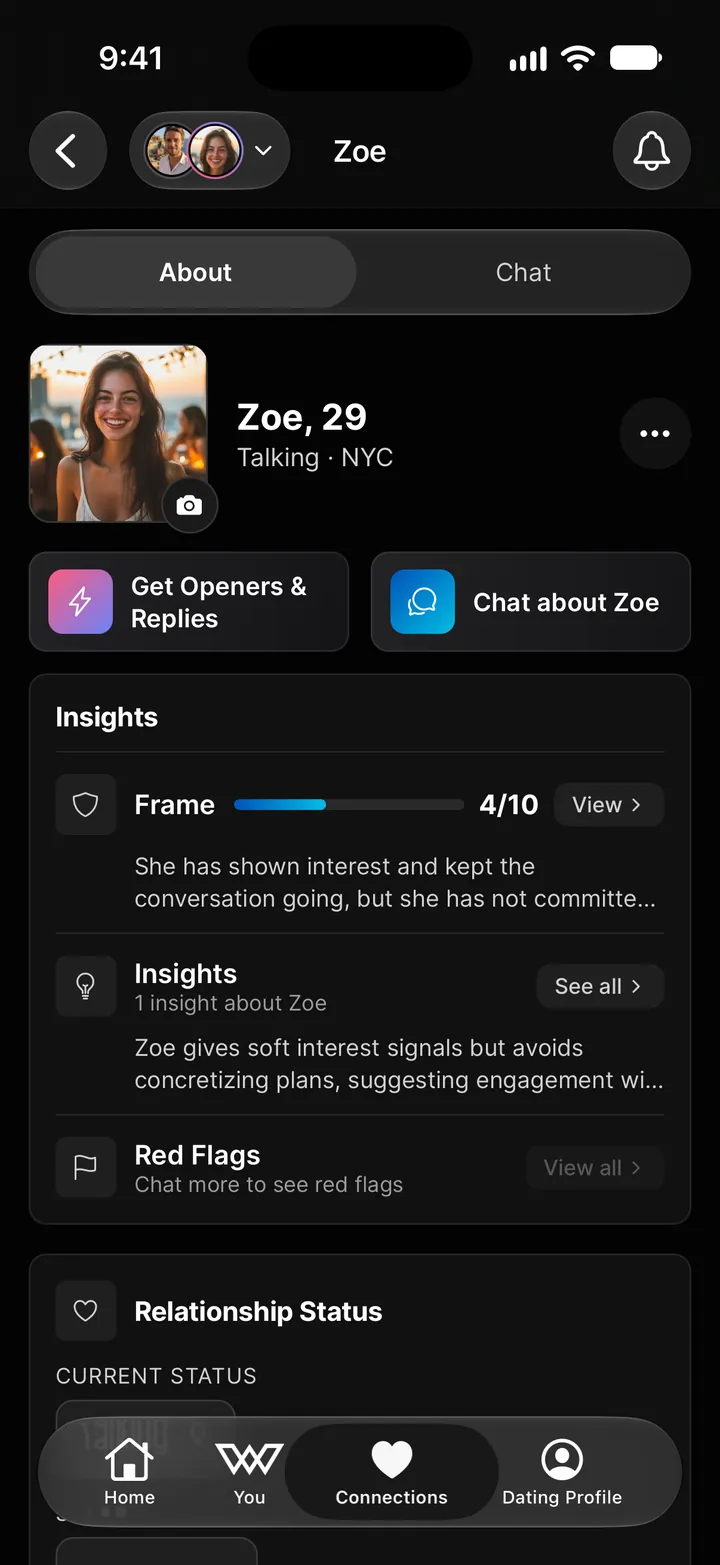 A connection's About tab: Zoe's photo, status and city, quick actions, and her Insights card with Frame Score, insights, and red flags