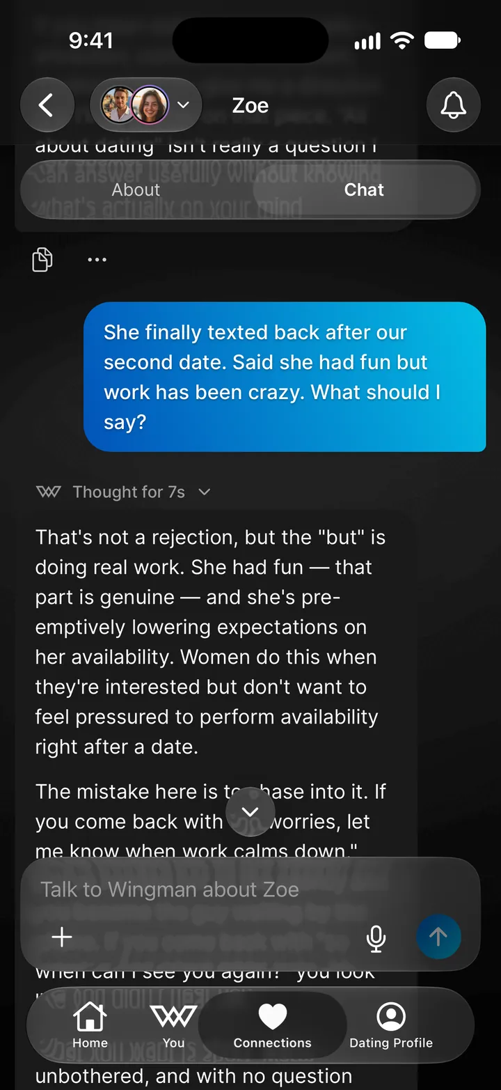 A connection's chat: asking Wingman what to reply to Zoe after a second date, and its read on her message