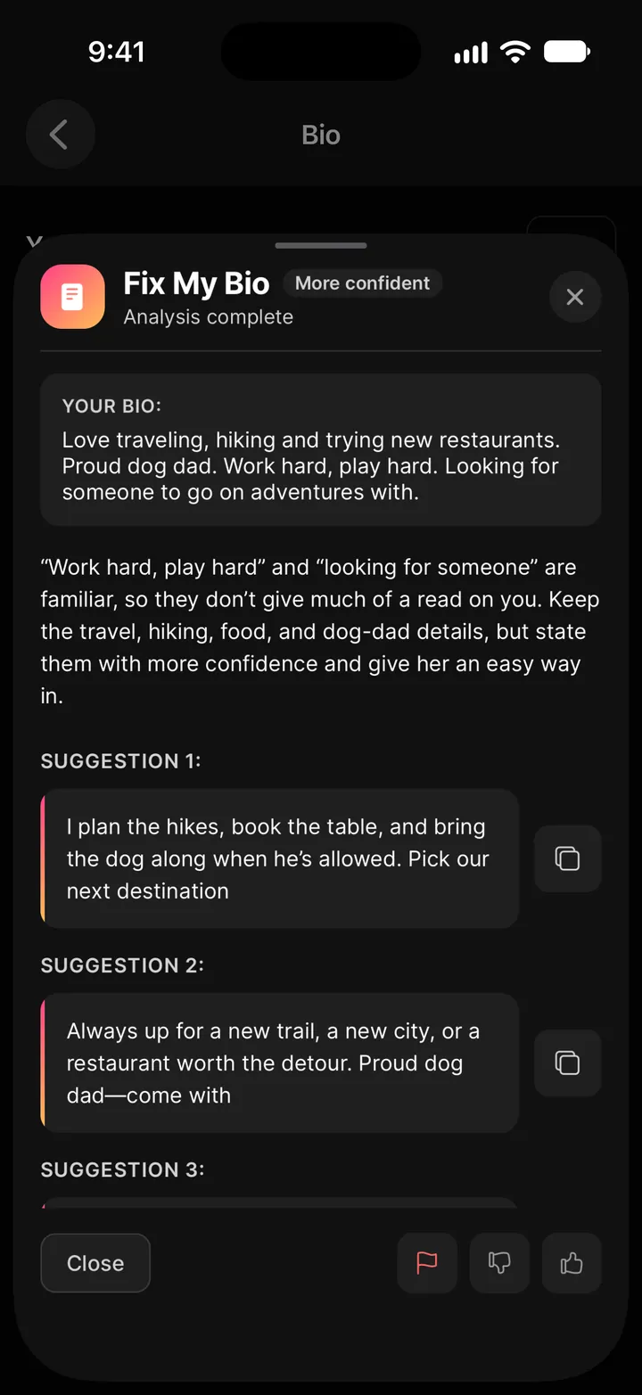 Fix My Bio result in the More confident style: why the original bio reads generic, and rewrites to copy