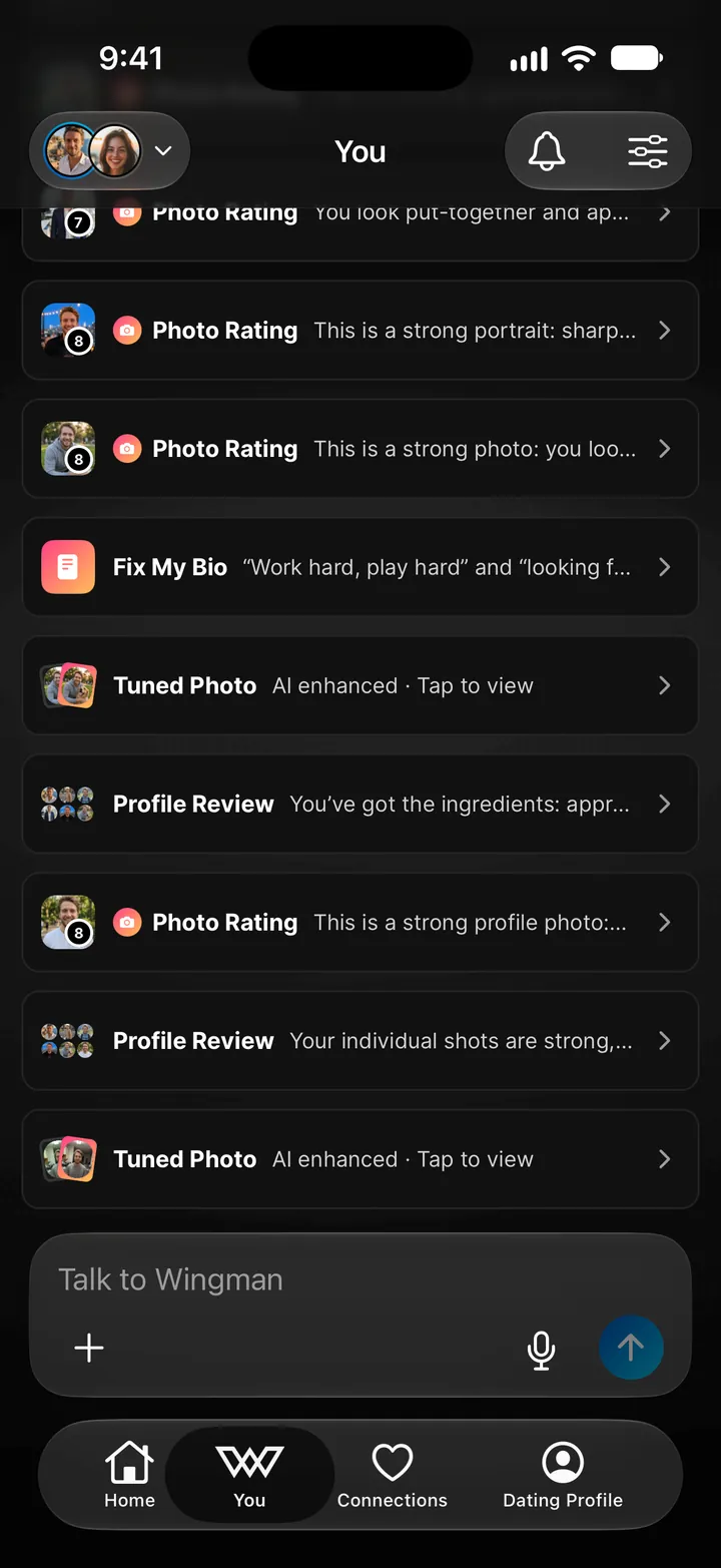 Your chat on the You tab with Recent activity expanded: Photo Rating, Fix My Bio, Tuned Photo, and Profile Review cards