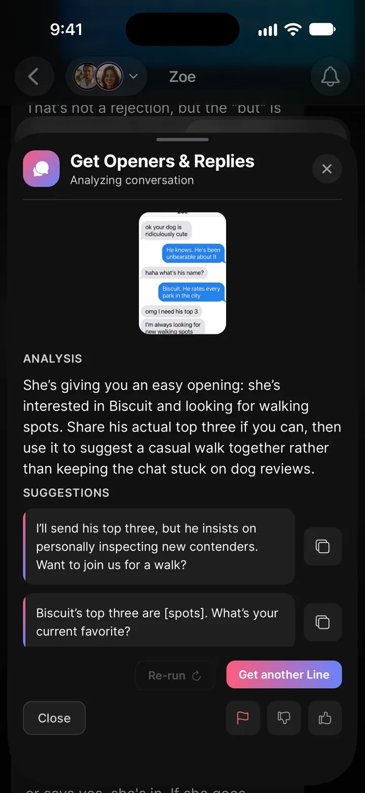 Get Openers & Replies for Zoe: the conversation screenshot, Wingman's analysis, and suggested replies to copy