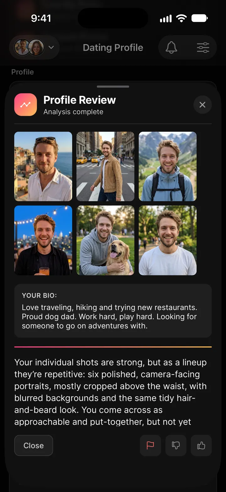 Profile Review result: six photos, the bio, and the written critique