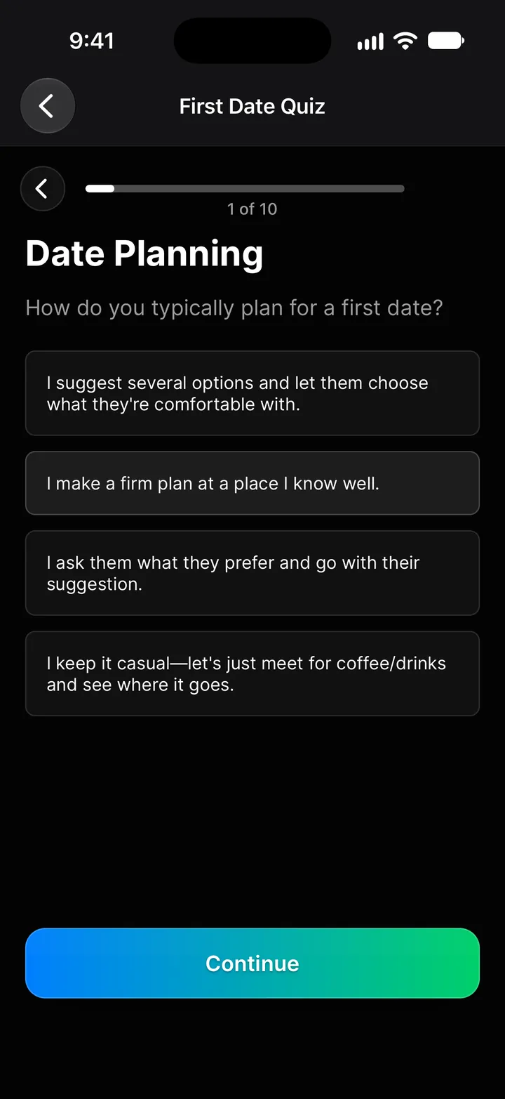 A First Date Quiz question with four answers, one selected