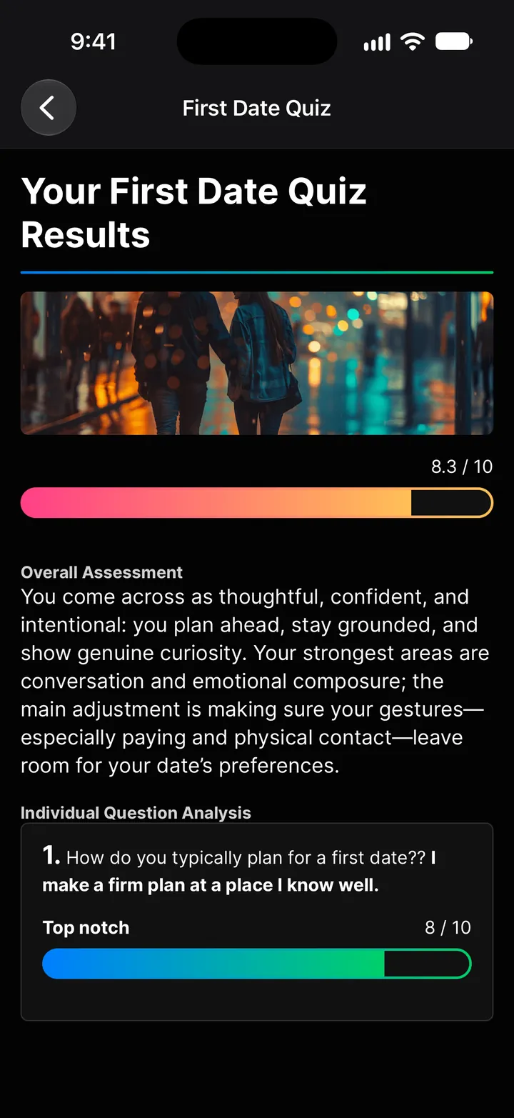 First Date Quiz result: 8.3 out of 10 with an overall assessment