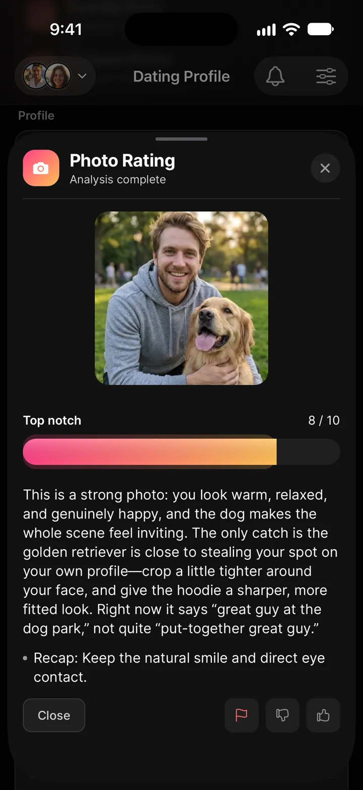 Rate My Photo result: 8 out of 10 for a photo with a golden retriever, with the written critique