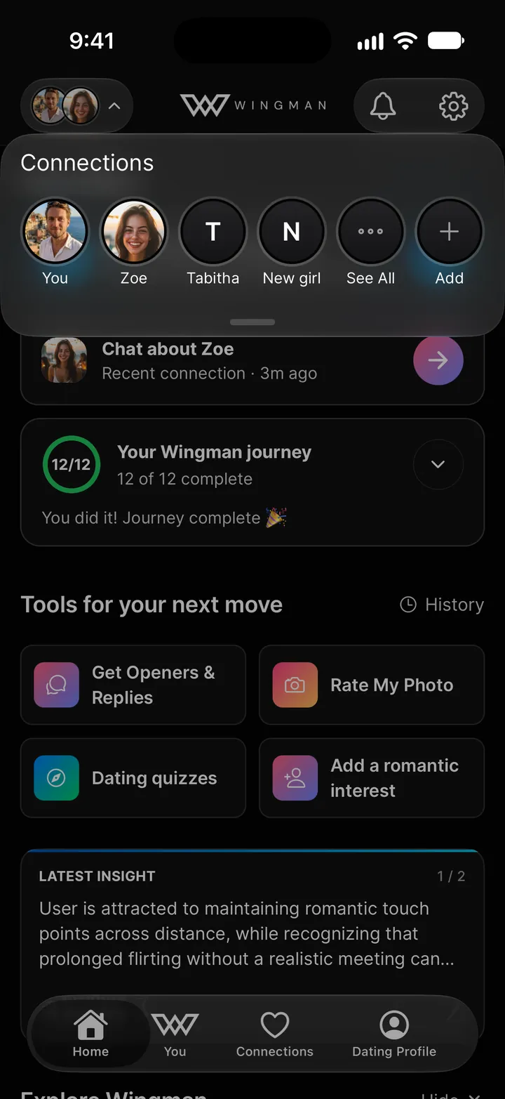The connections switcher open over Home: You, Zoe and your other connections, See All, and Add