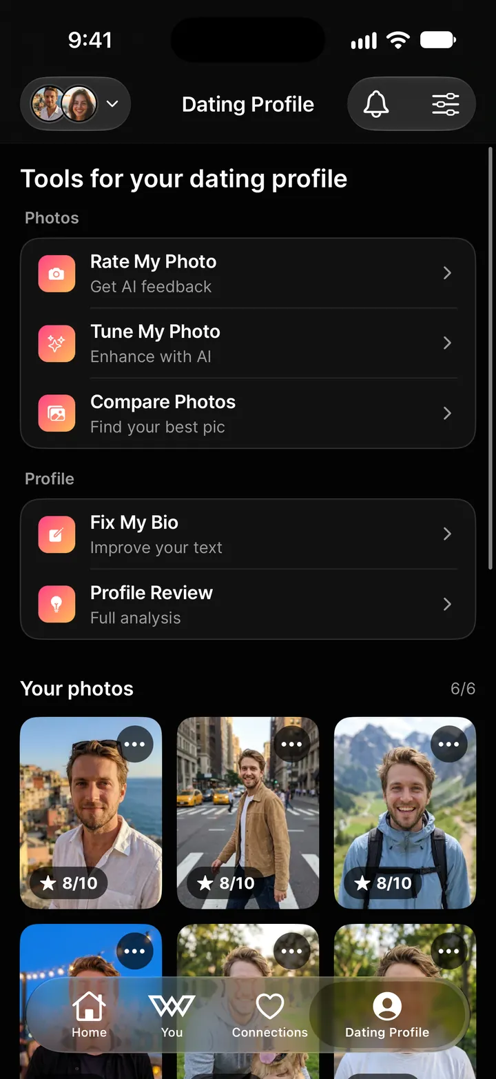 The Dating Profile tab: Rate My Photo, Tune My Photo, Compare Photos, Fix My Bio, and Profile Review, above your rated photos