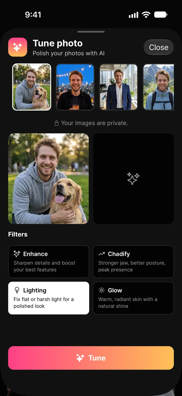 Tune My Photo: a photo picked from recent images and the four filters
