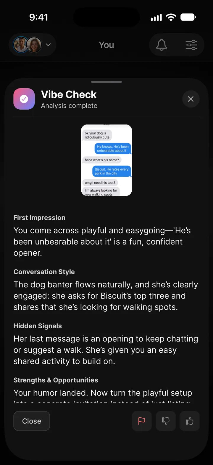 Vibe Check on a conversation with Zoe: first impression, conversation style, hidden signals, and strengths