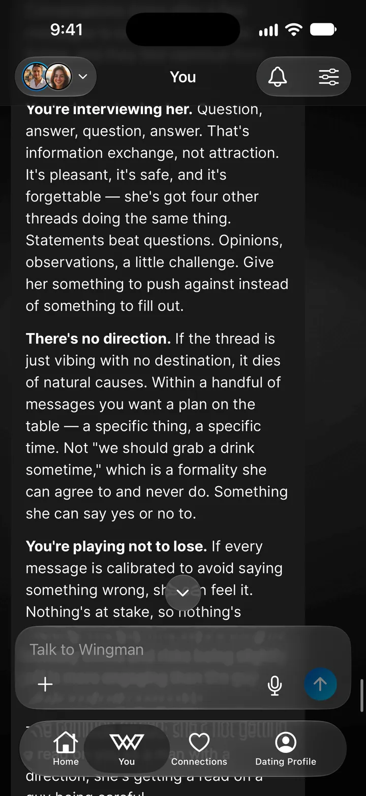 Your chat on the You tab: Wingman's coaching on why a conversation is stalling