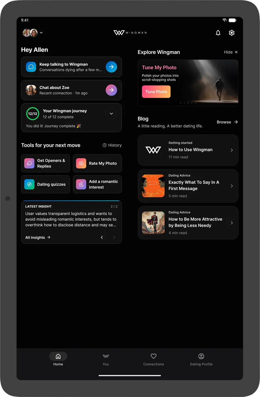 The Wingman home screen, showing your chat with Wingman, a recent connection and insights