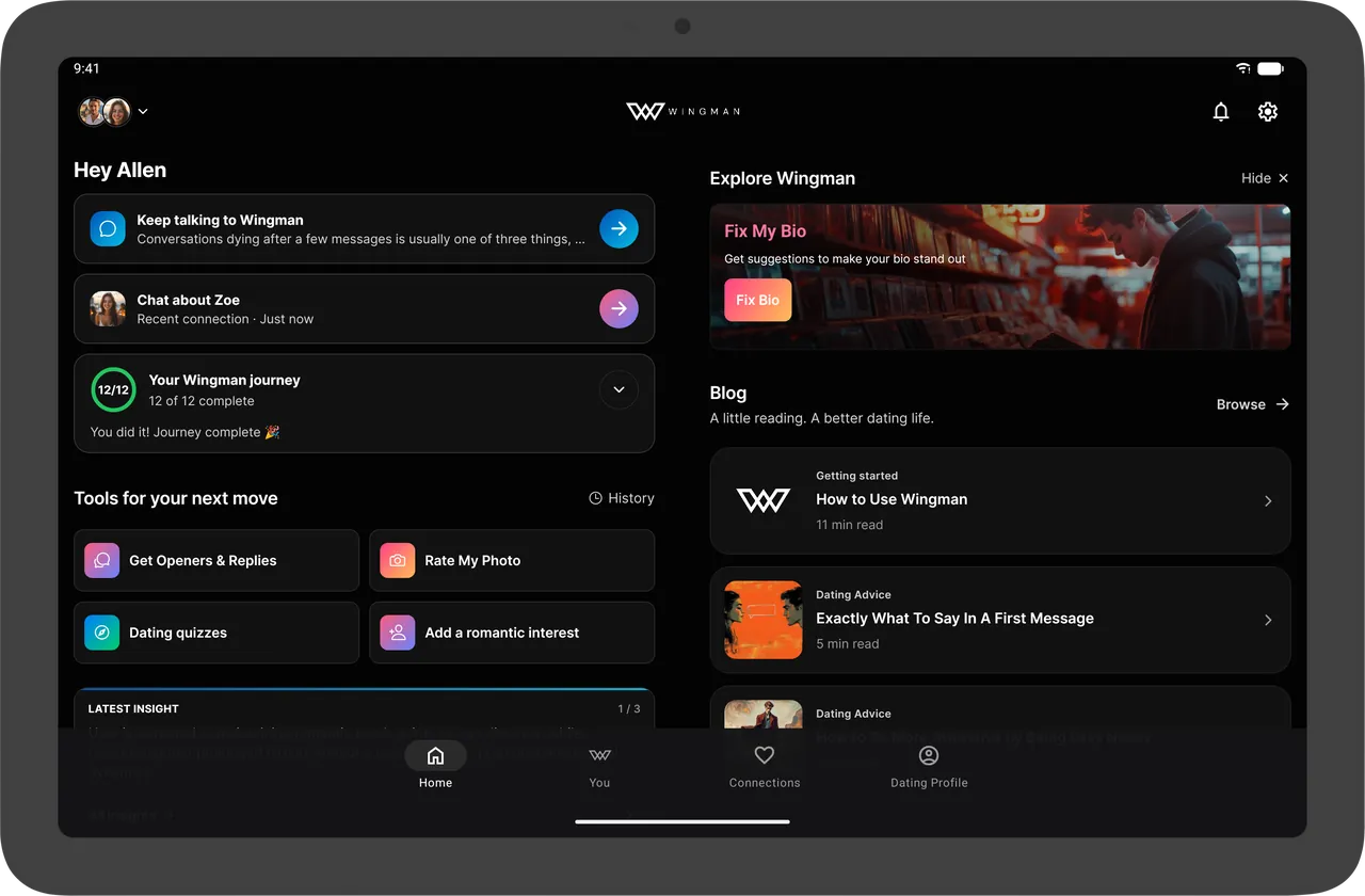 The Wingman home screen, showing your chat with Wingman, a recent connection and insights