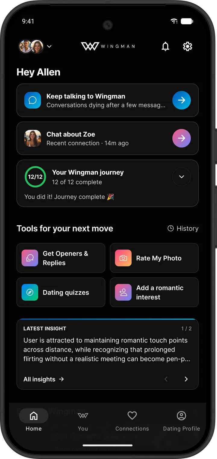 The Wingman home screen, showing your chat with Wingman, a recent connection and insights