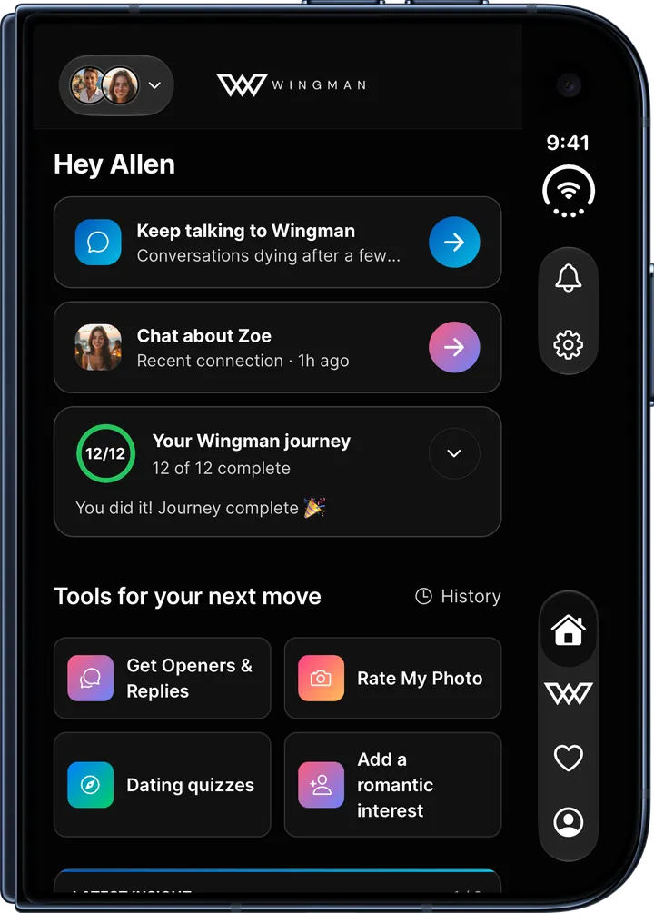 The Wingman home screen, showing your chat with Wingman, a recent connection and insights