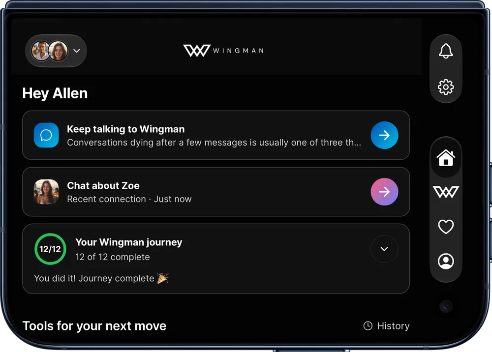 The Wingman home screen, showing your chat with Wingman, a recent connection and insights