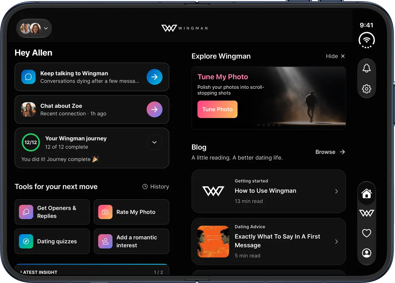 The Wingman home screen, showing your chat with Wingman, a recent connection and insights