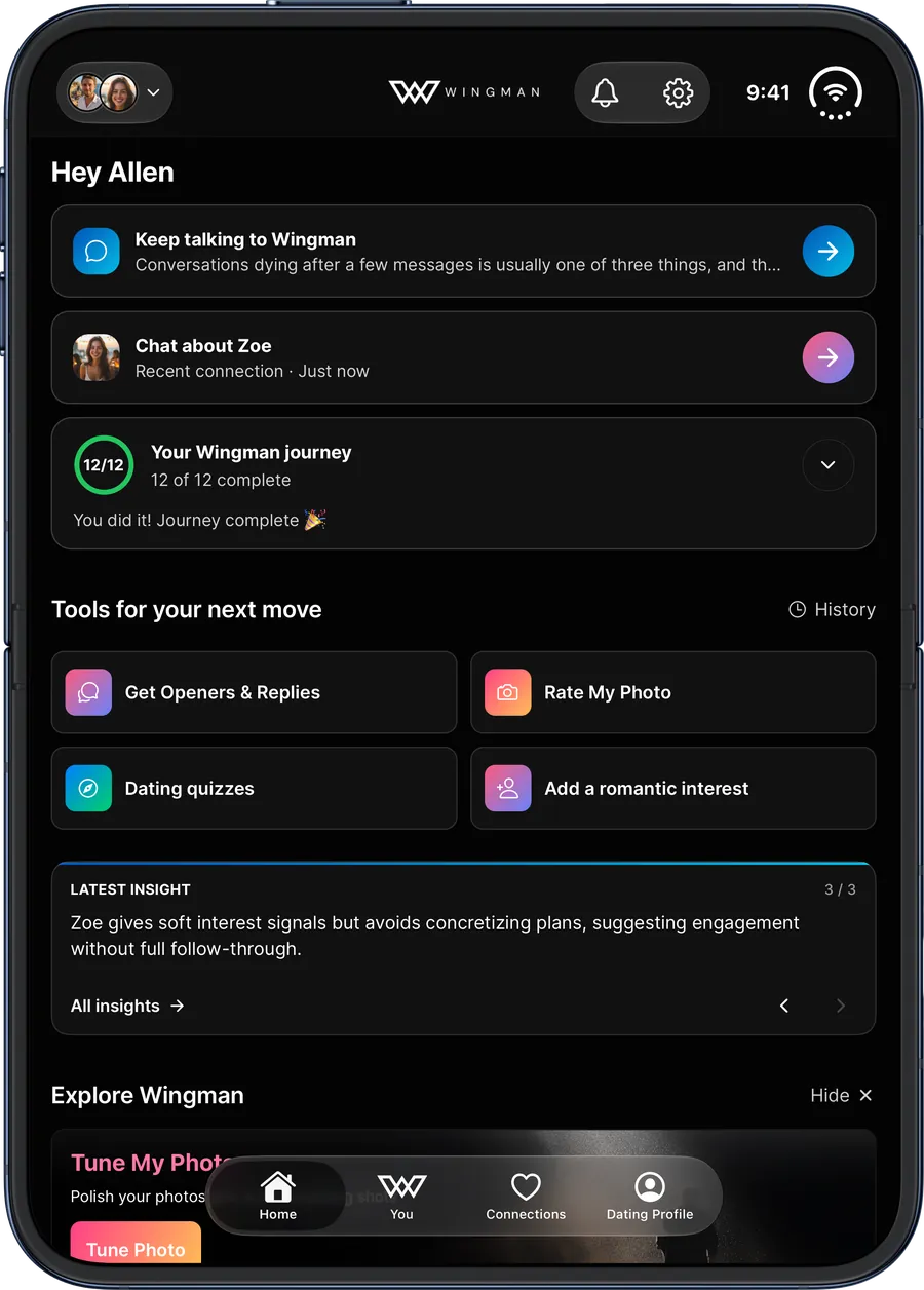 The Wingman home screen, showing your chat with Wingman, a recent connection and insights