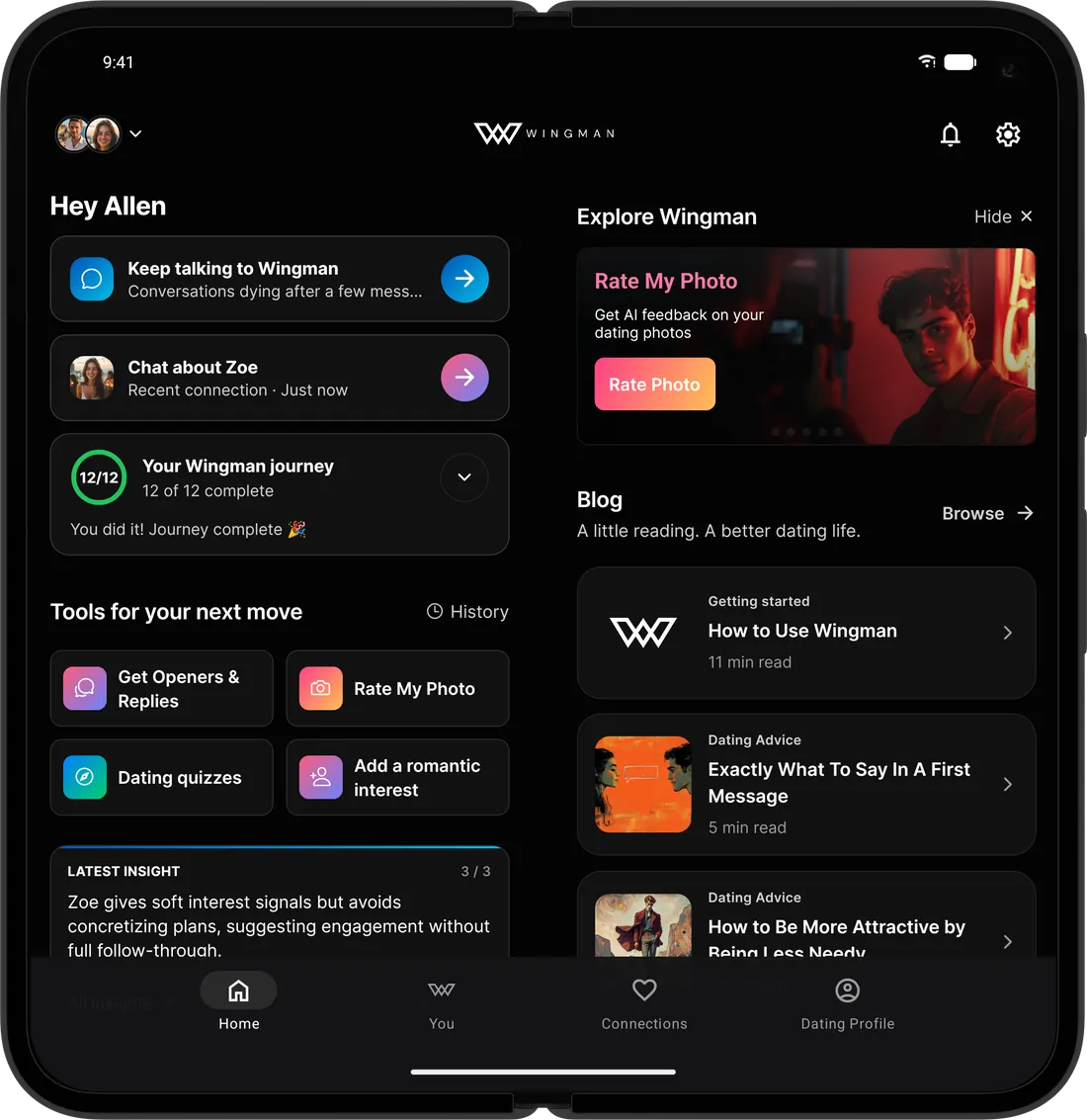 The Wingman home screen, showing your chat with Wingman, a recent connection and insights