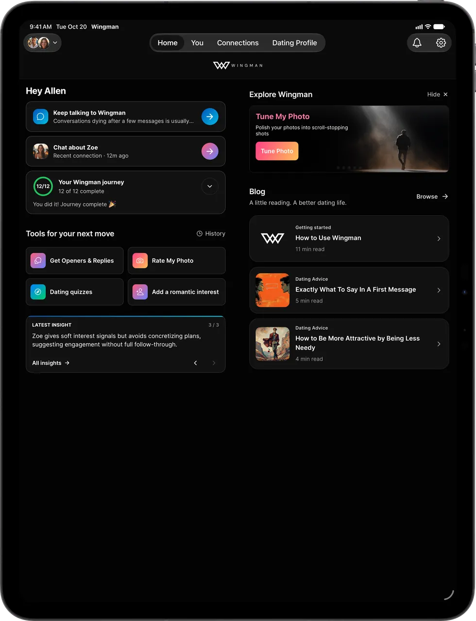 The Wingman home screen, showing your chat with Wingman, a recent connection and insights