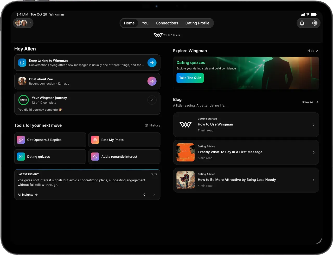 The Wingman home screen, showing your chat with Wingman, a recent connection and insights