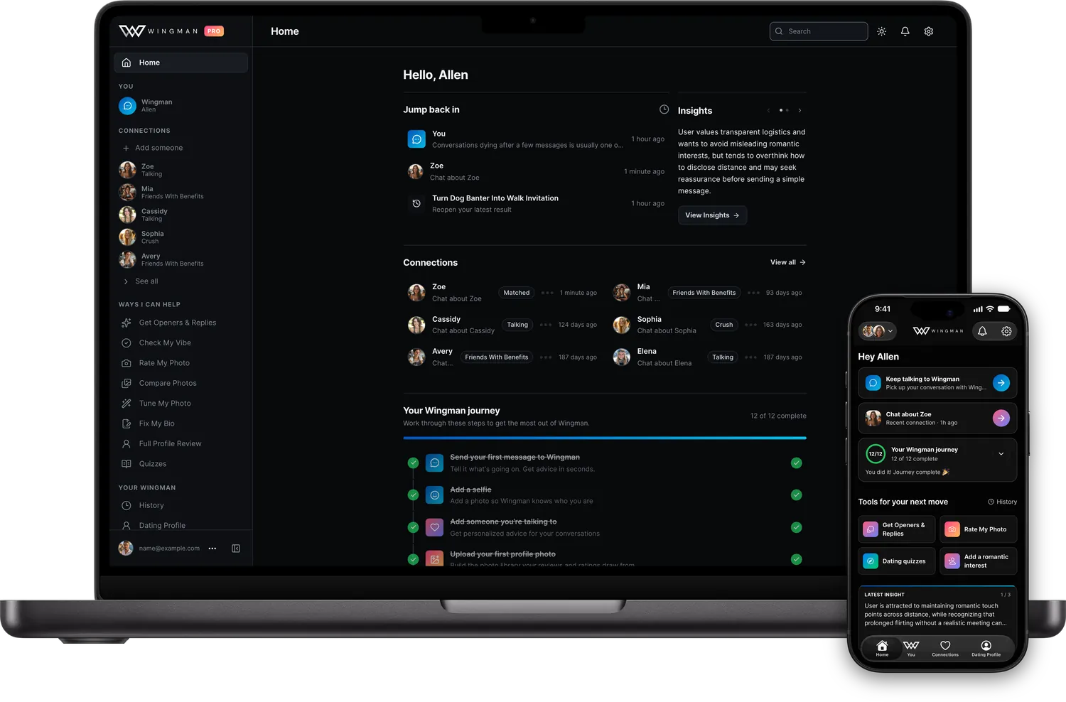 The Wingman home screen, showing your chat with Wingman, a recent connection and insights