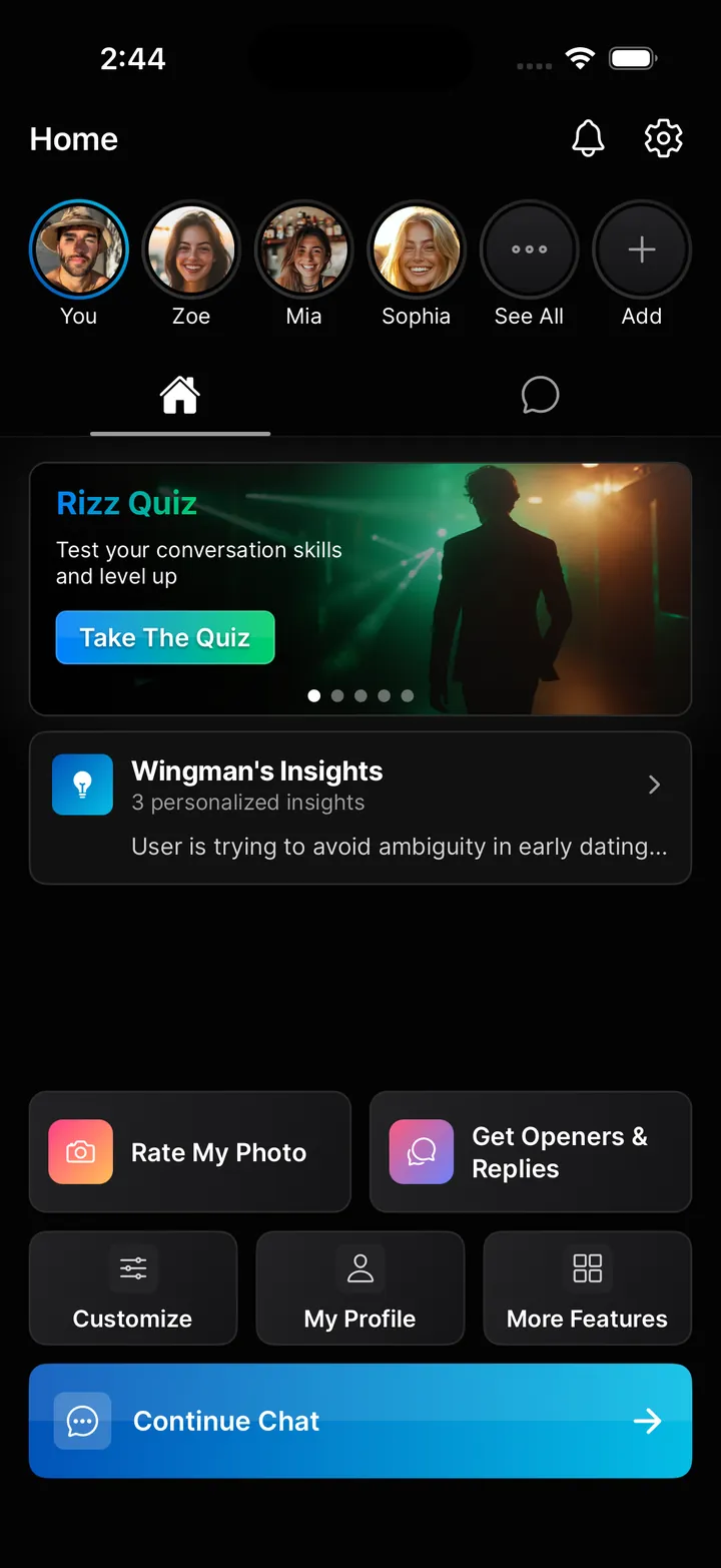 The Wingman home screen, showing the coach chat, recent matches and insights
