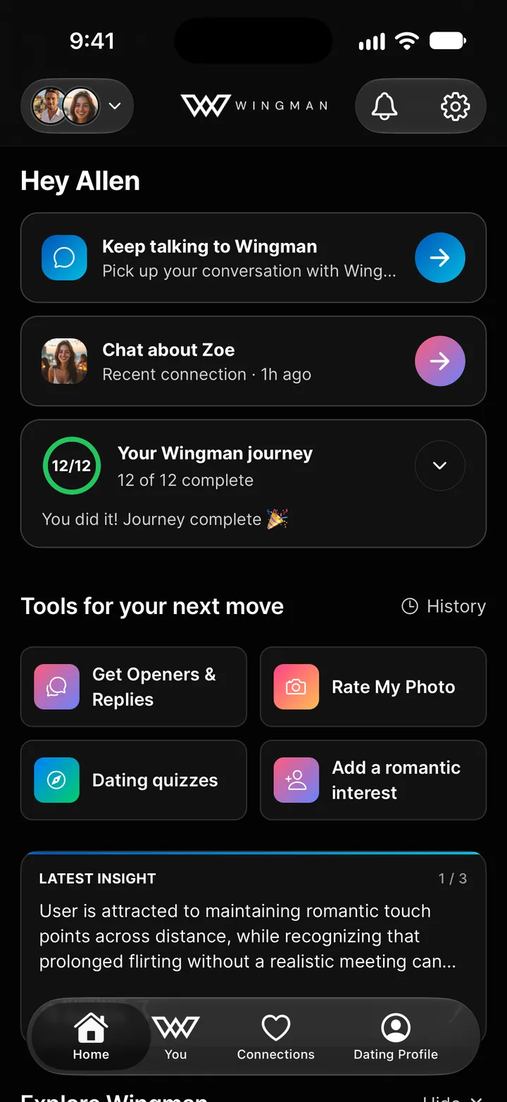 Wingman's Home screen: pick up your chat, the people you're talking to, and tools for your next move