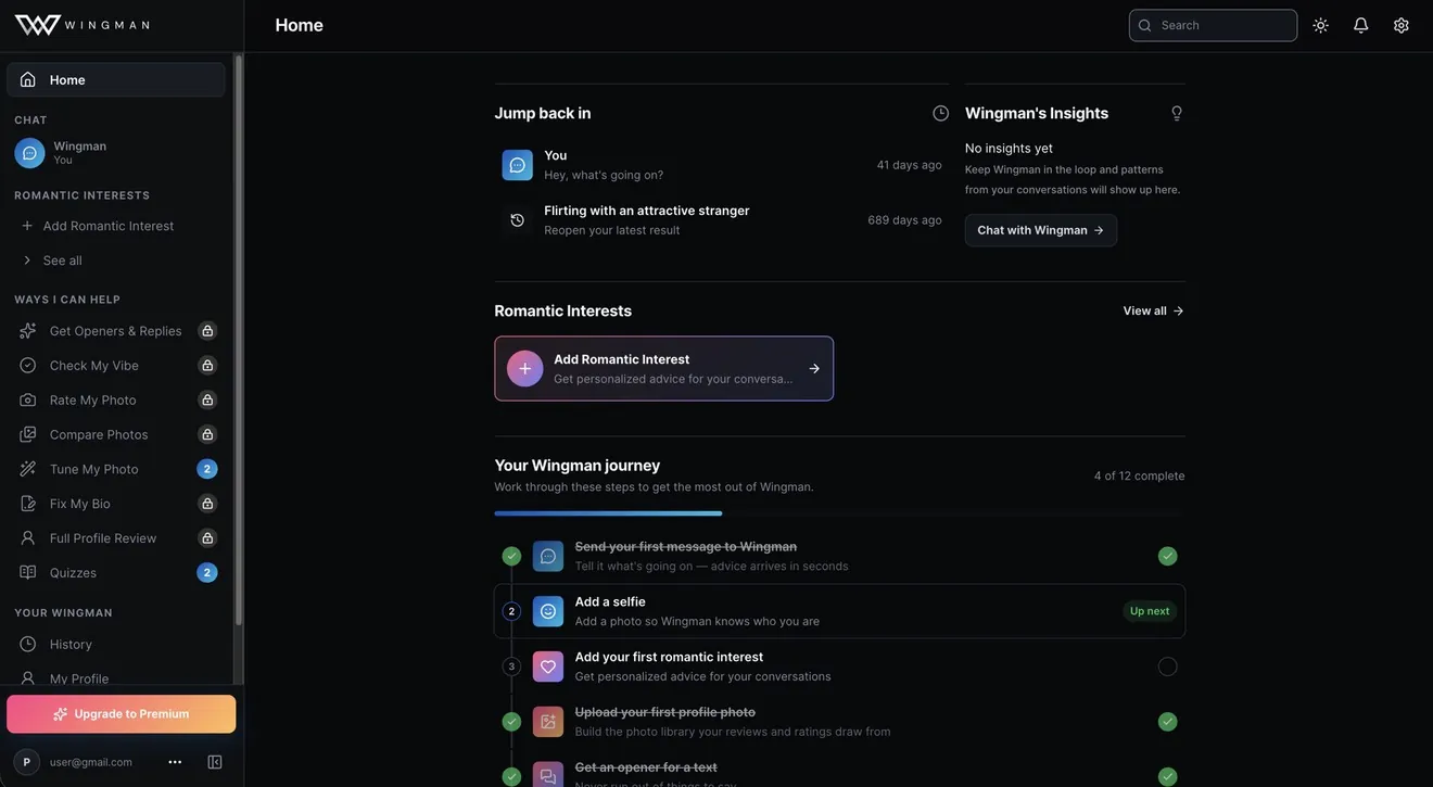 The Wingman web app home dashboard on desktop